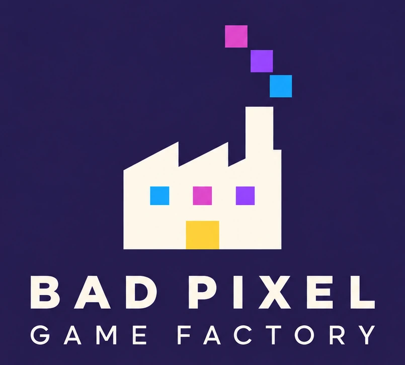 Bad Pixel Game Factory logo with a colorful pixel factory emblem